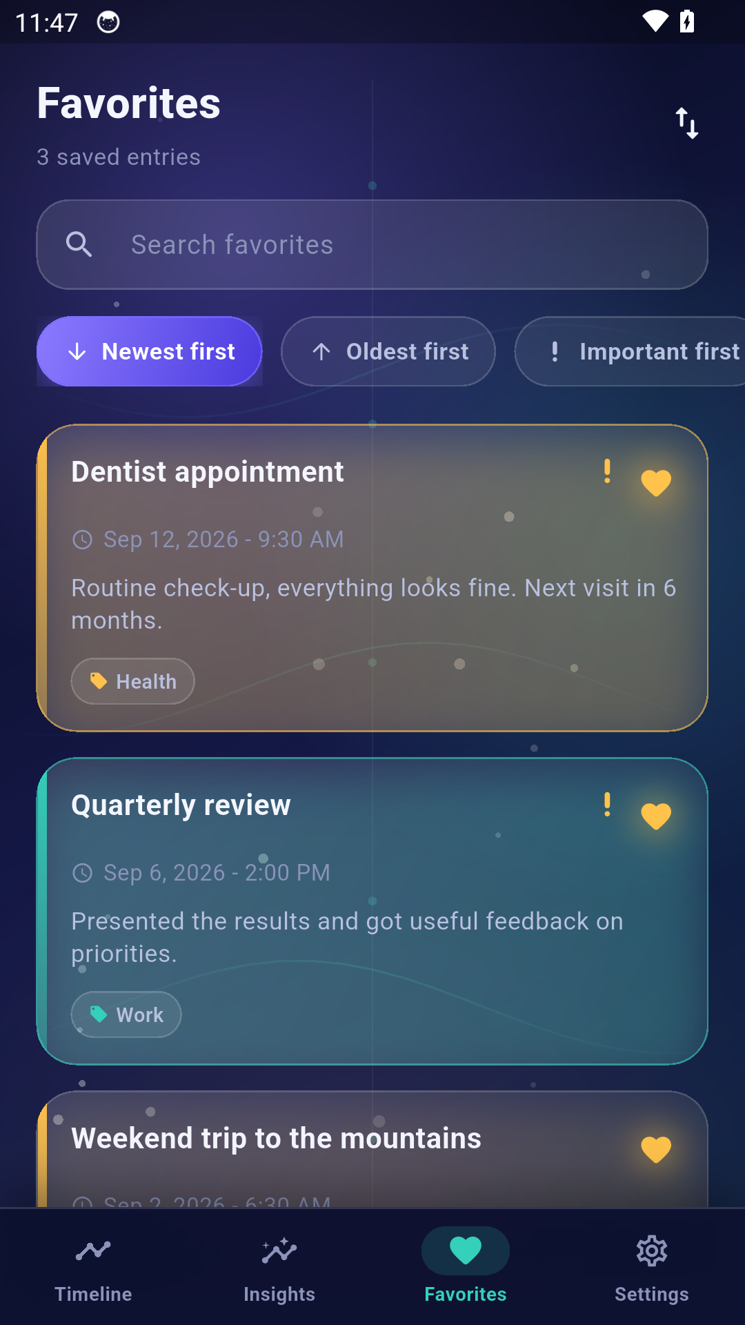 Favorites screen