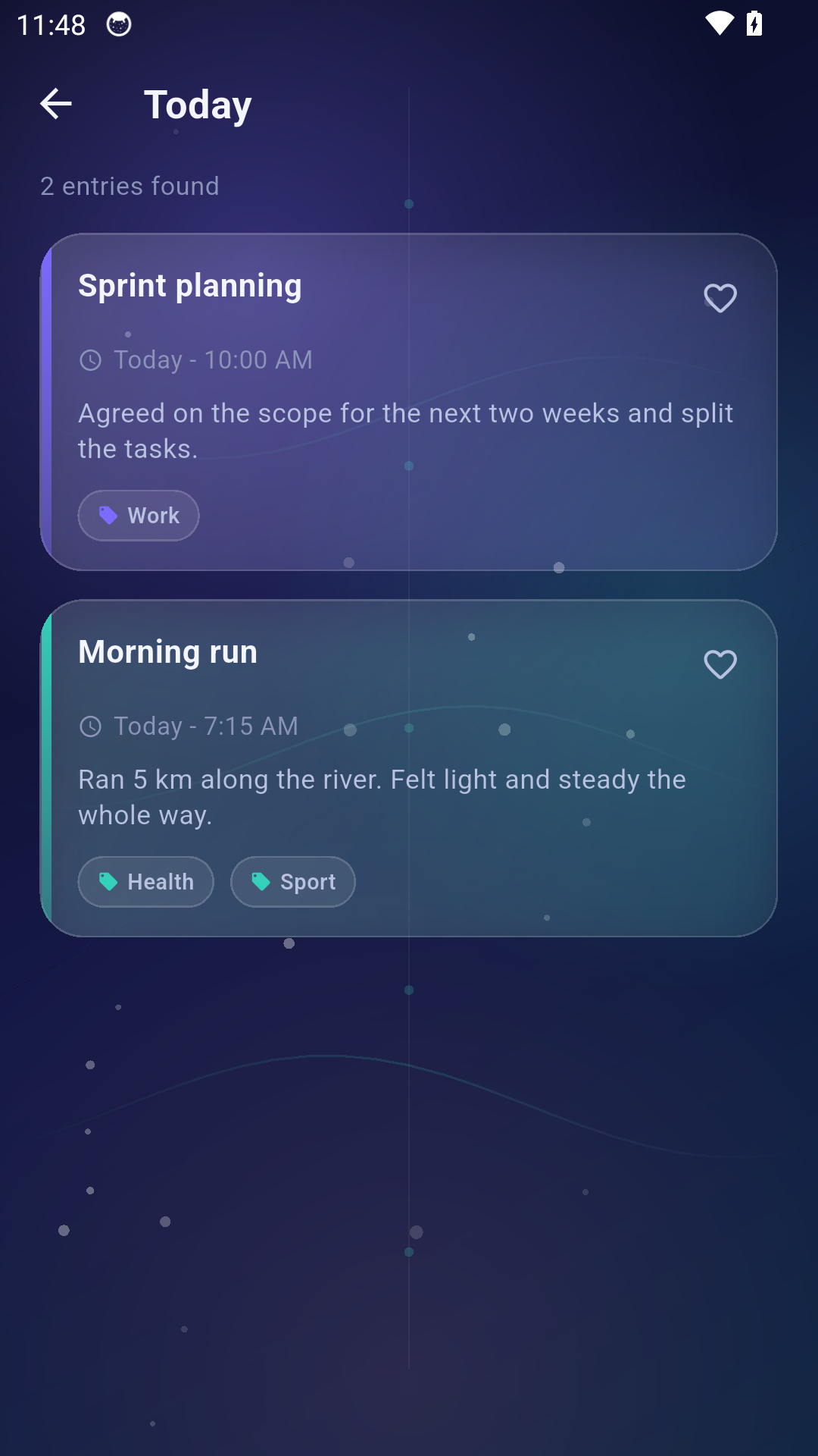 Today entries screen
